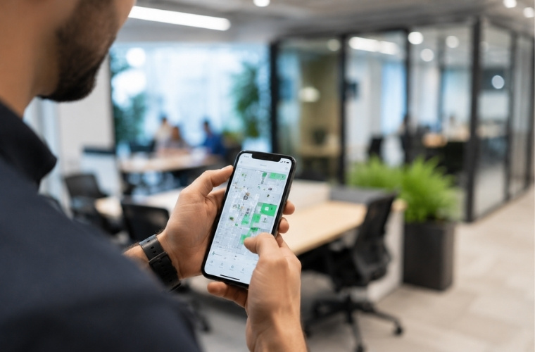 Zaposleni koristi mobilnu aplikaciju za rezervaciju radnog mesta u modernoj agile kancelariji sa fleksibilnim radnim zonama i salama za sastanke u pozadini.