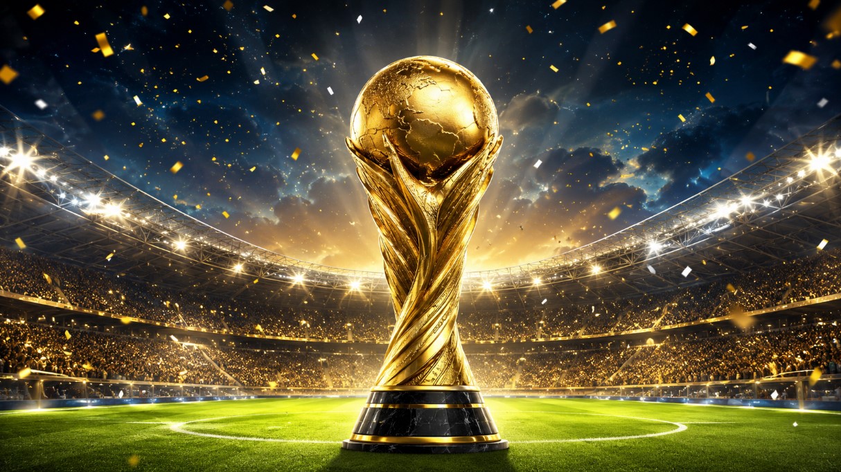 Potencijalna iznenađenja na Svetskom prvenstvu 2026 godine. Zlatni fudbalski trofej na osvetljenom stadionu kao simbol borbe reprezentacija koje mogu iznenaditi favorite na Svetskom prvenstvu 2026.