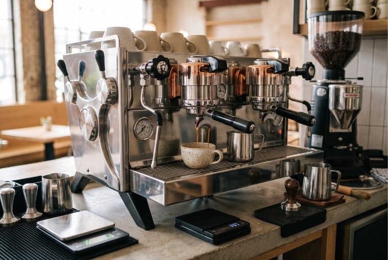 Profesionalna espresso mašina sa mlinom za kafu, vagama, tamperom i posudama za mleko na šanku modernog kafića.