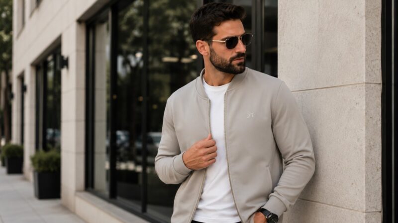 Muškarac u svetloj Lazare jakni preko bele majice stoji ispred moderne poslovne zgrade u urbanoj business casual kombinaciji.