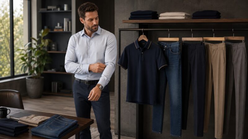 Muškarac u svetloj košulji bira između polo majice, farmerki i različitih modela pantalona u moderno uređenom prostoru sa muškom garderobom.