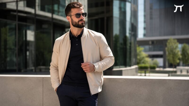 Muškarac u elegantnoj casual kombinaciji sa polo majicom, pantalonama i svetlom jaknom u urbanom poslovnom okruženju, u stilu brenda Lazare.