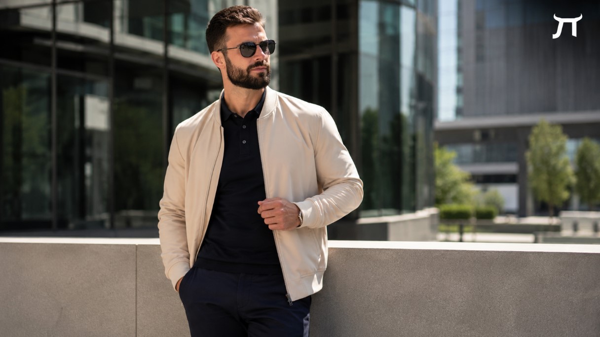 Muškarac u elegantnoj casual kombinaciji sa polo majicom, pantalonama i svetlom jaknom u urbanom poslovnom okruženju, u stilu brenda Lazare.