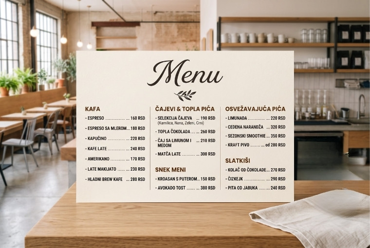 Jelovnik kafića na stolu sa ponudom kafe, čajeva, toplih i osvežavajućih pića, sendviča i slatkiša.