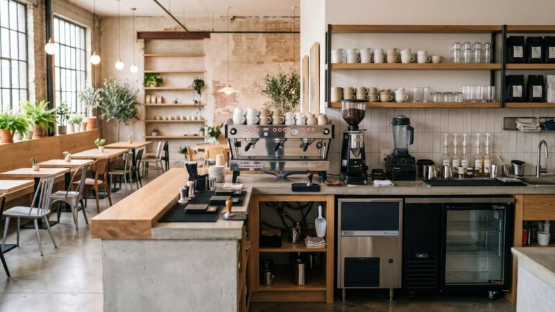 Potpuno opremljen moderan kafić sa profesionalnom espresso mašinom, mlinom za kafu, blenderom, frižiderima, policama sa šoljama i uređenim prostorom za goste.