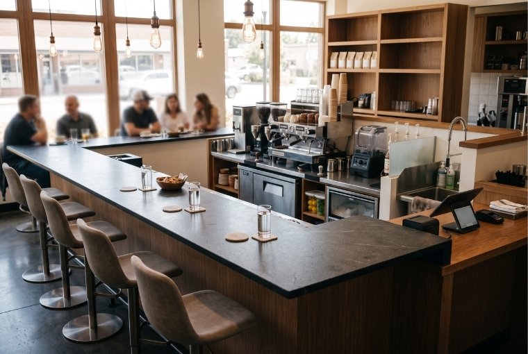Funkcionalno uređen šank u modernom kafiću sa espresso mašinom, mlinovima, blenderom, sudoperom, frižiderom i POS terminalom.