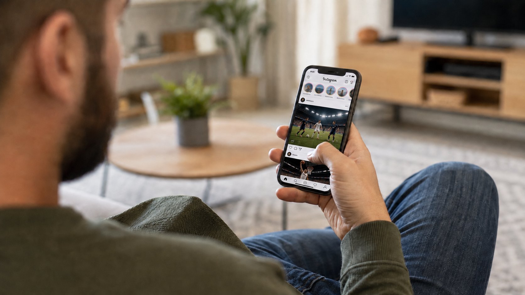 Muškarac sedi u dnevnoj sobi i na telefonu pregleda Instagram objave o fudbalu i košarci