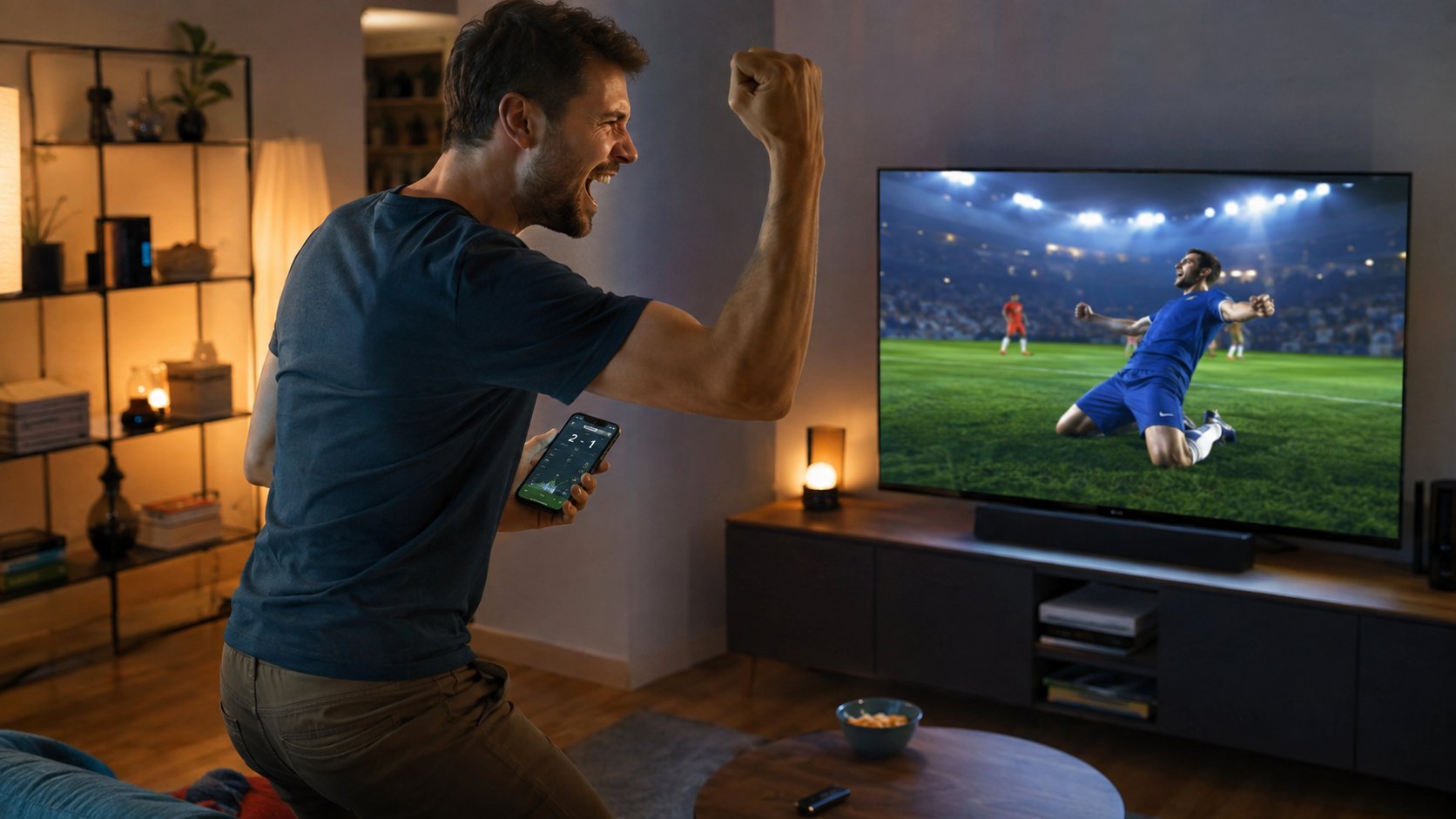 Muškarac sa telefonom u ruci slavi gol dok gleda fudbalsku utakmicu na televizoru