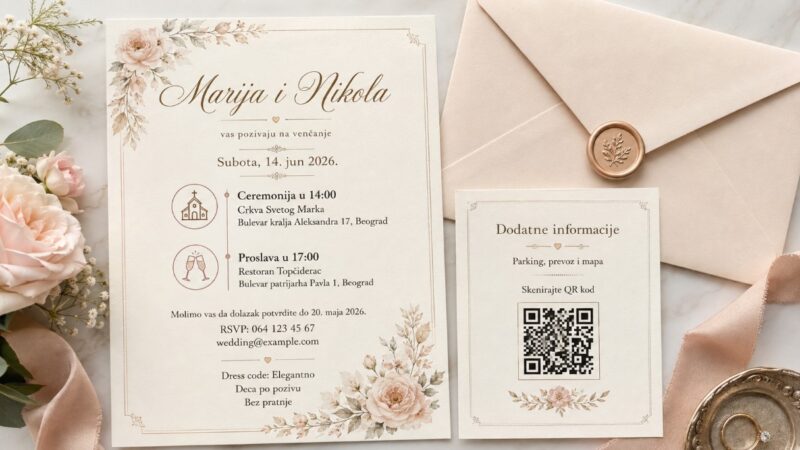 Elegantna pozivnica za venčanje sa imenima mladenaca, datumom, satnicom ceremonije i proslave, RSVP podacima i dodatnom karticom sa QR kodom.