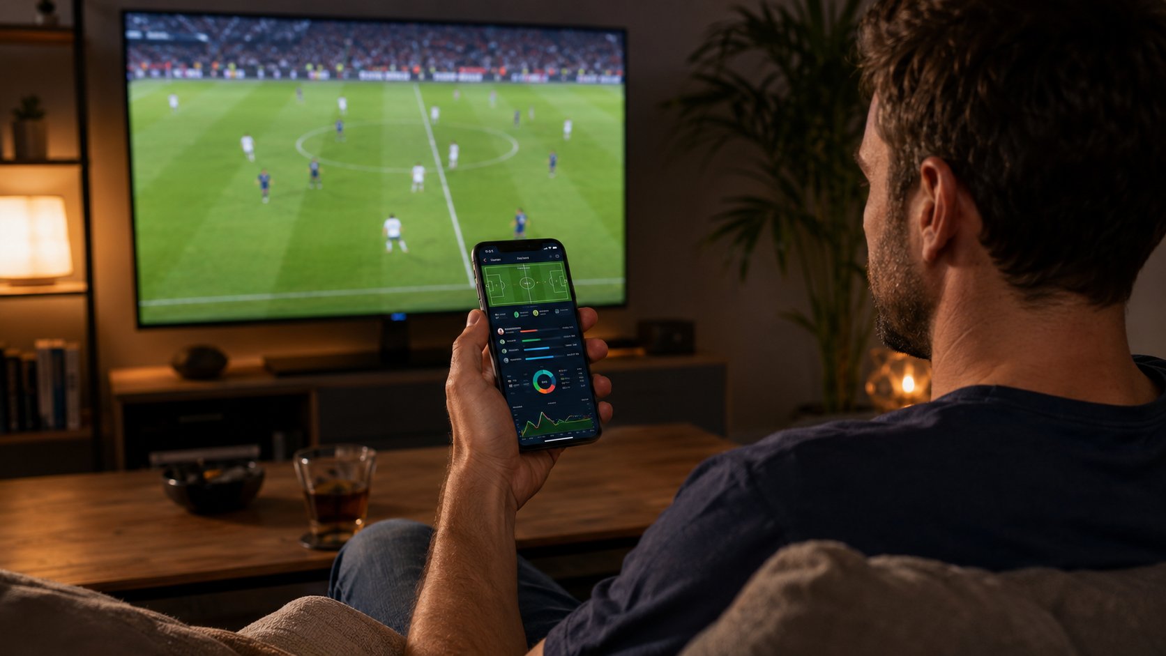 Muškarac gleda fudbalsku utakmicu na televizoru i prati statistiku na telefonu