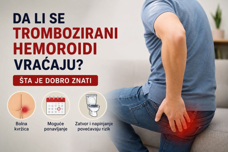 Muškarac sedi sa bolom u analnoj regiji uz prikaz simptoma tromboziranih hemoroida.