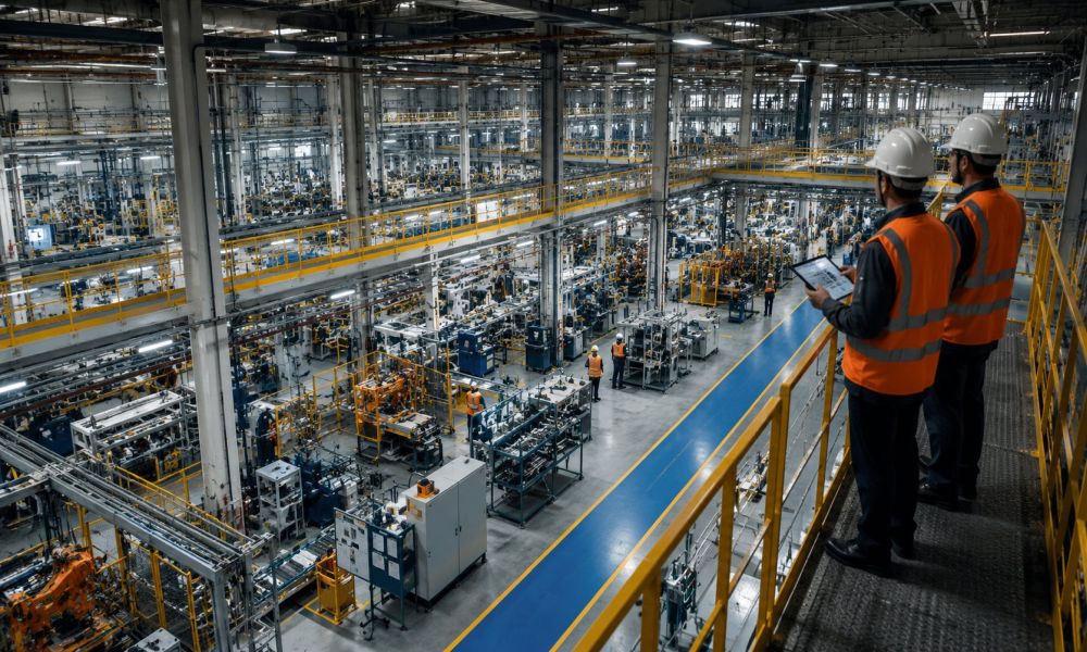 Inženjeri nadgledaju automatizovanu proizvodnju u velikom industrijskom pogonu.