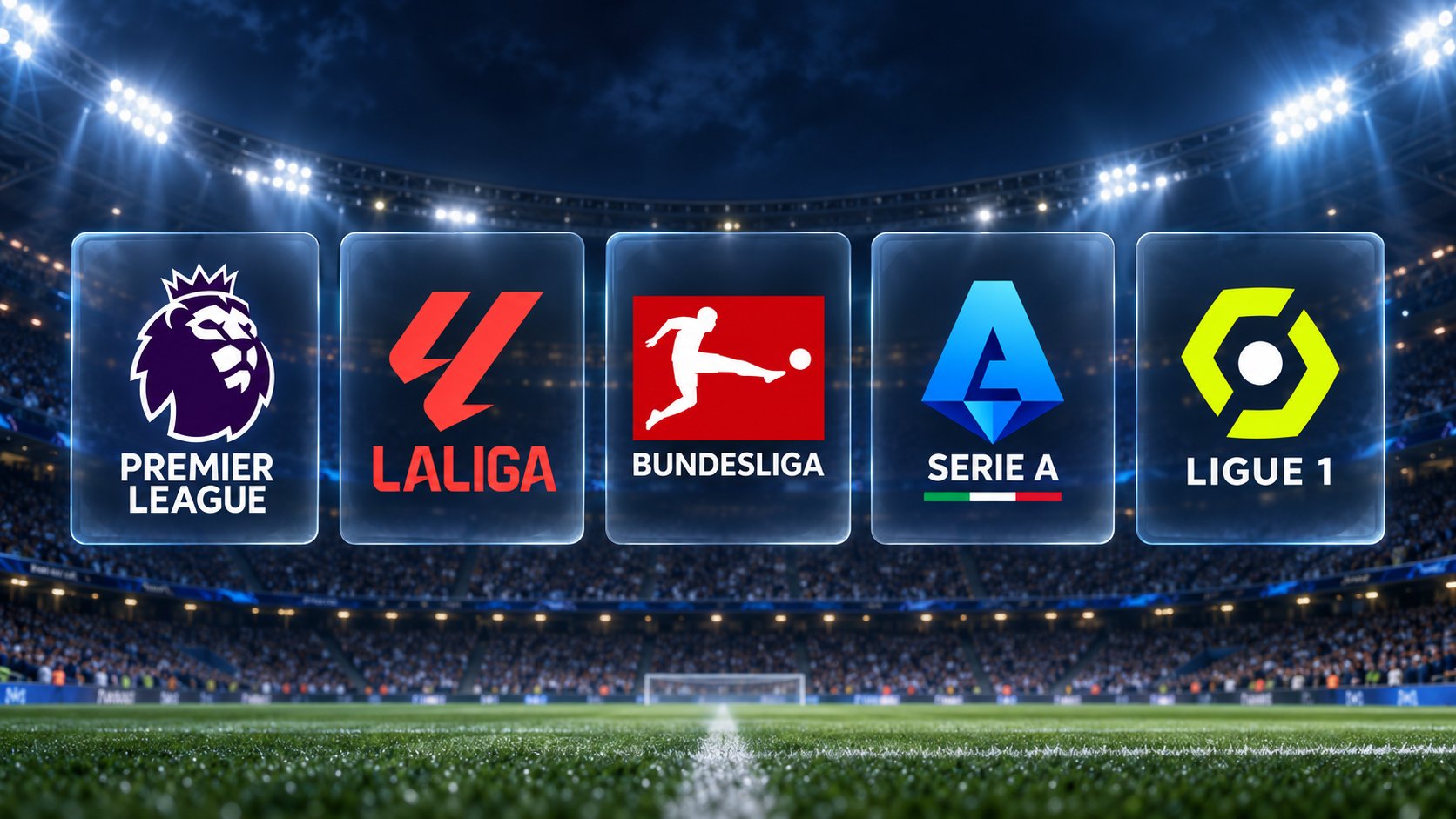 Logotipi Premijer lige, La Lige, Bundeslige, Serije A i Lige 1 na fudbalskom stadionu.