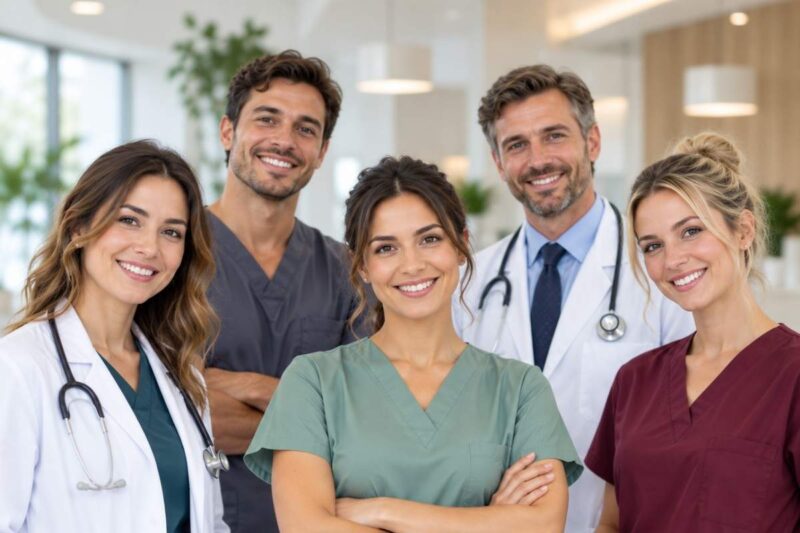 Zdravstveni tim stoji zajedno u modernoj medicinskoj klinici.