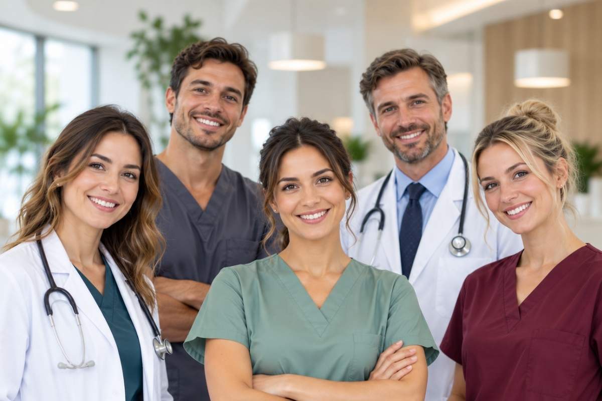 Zdravstveni tim stoji zajedno u modernoj medicinskoj klinici.