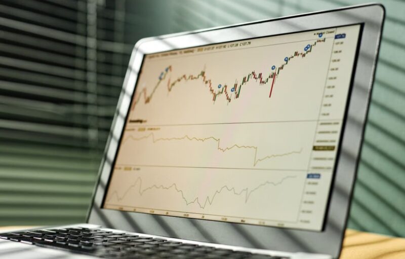 Laptop sa prikazom berzanskih grafikona, kretanja cena i pokazatelja finansijskog tržišta