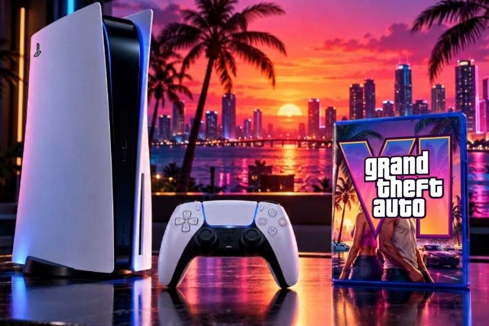 PlayStation 5 konzola, DualSense kontroler i kutija igre GTA 6 ispred neonskog pejzaža Vice Cityja.