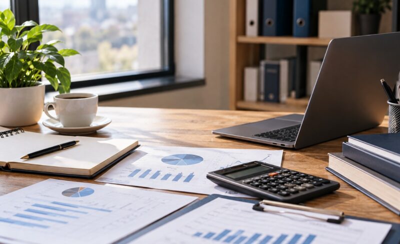 Radni sto sa laptopom, digitronom, finansijskim grafikonima, beležnicom i poslovnom dokumentacijom