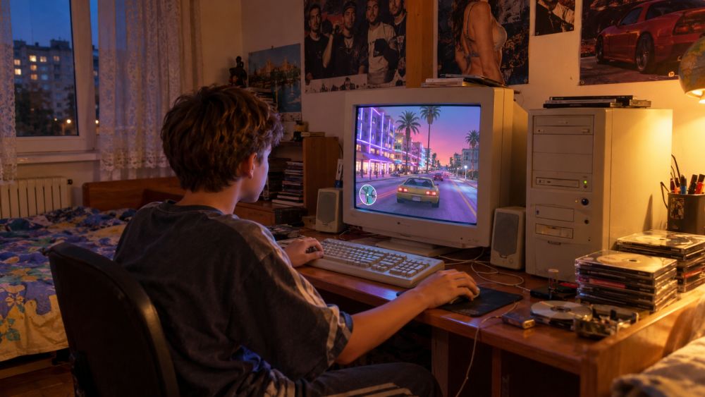 Tinejdžer igra GTA: Vice City na starom računaru sa CRT monitorom u sobi uređenoj u stilu ranih dvehiljaditih.