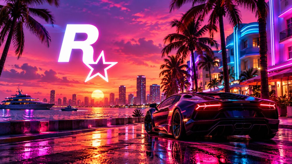 Rockstar Games logo iznad sportskog automobila na neonskoj obali sa palmama i zalaskom sunca u stilu Vice Cityja.
